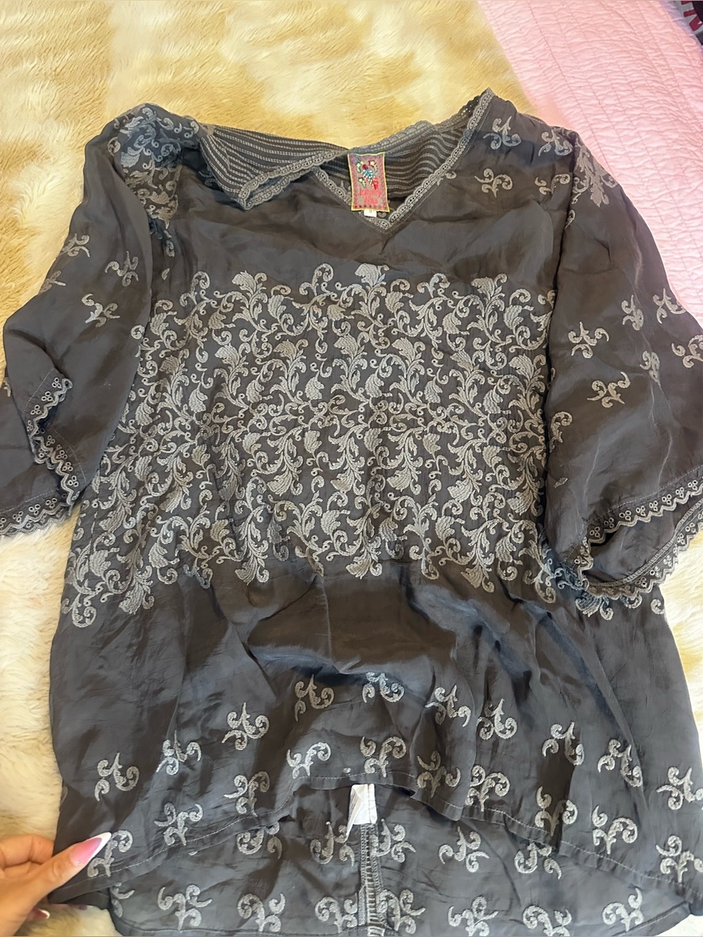 Johnny Was Black Sheer Tunic with Silver Scroll Embroidery
